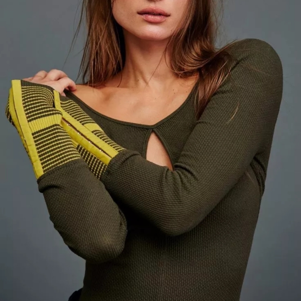 Free People Olive Green Long Sleeve Ribbed Top with Yellow Accent